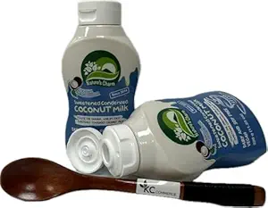 Nature's Charm Sweetened Condensed Coconut Milk, NEW Squeeze Bottle , Dairy and Soy FREE, Vegan, Lactose FREE, Gluten FREE. Rich Coconut Flavor, Good Soure of Calcum-11.25 Ounce (Pack of 2) Combo With FREE KC Commerce Wooden Spoon (2)