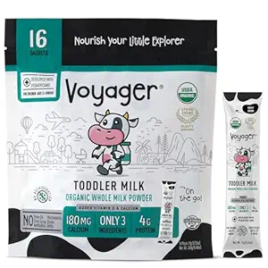 Voyager Toddler Milk On The Go, USDA Organic Shelf Stable Whole Milk Powder, Great for Travel, No Refrigeration, Gluten Free with No GMO's and No Antibiotics for Kids, 16 Sachets of 15g