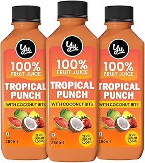 Yu Foodlabs 100% Fruit Juice-Tropical Punch-Mixed Fruit Juice With Coconut Bits-Pack Of 3-No Added Sugar Healthy Beverage-100% Natural Ingredients-Zero Preservatives-750 Ml(3 X 250Ml)-Yu