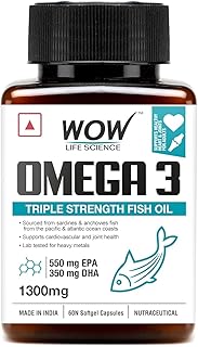 WOW Life Science Omega-3 Fish Oil 1300 mg Triple Strength - 550mg EPA & 350mg DHA for Joints, Heart & Brain Health 60 Capsules