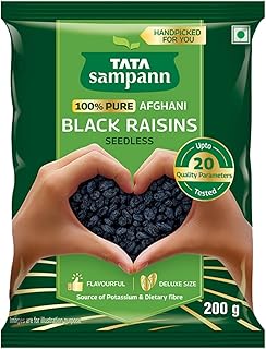 Tata Sampann 100% Pure Afghani Black Raisins Seedless/Kali Kishmish, Kali Draksh, Dry Fruits, Flavourful & Delicious Snack, Source of Potassium & Dietary Fibre, 200 g