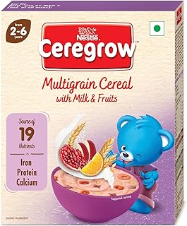 CEREGROW Multigrain Milk & Fruits Cereal | With Iron, Protein, Calcium | 19 Nutrients | 300g, Bag-in-box Pack (Package May Vary)